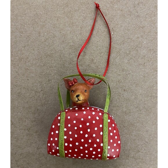 Chihuahua in Red and White Polka Dot Handbag Dog Ornament Not Perfect - Picture 5 of 5